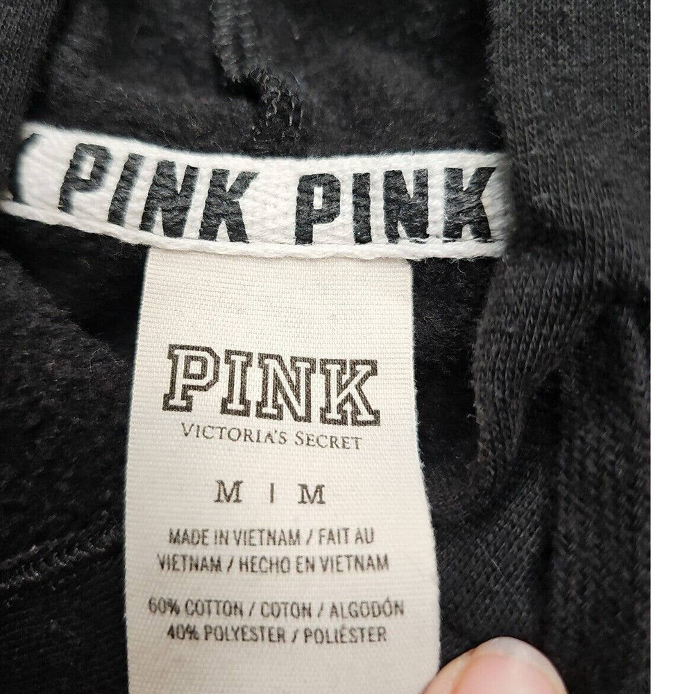 Victorias Secret Pink Sweatshirt Womens Medium Black Hooded Sequin Pockets - Picture 5 of 7